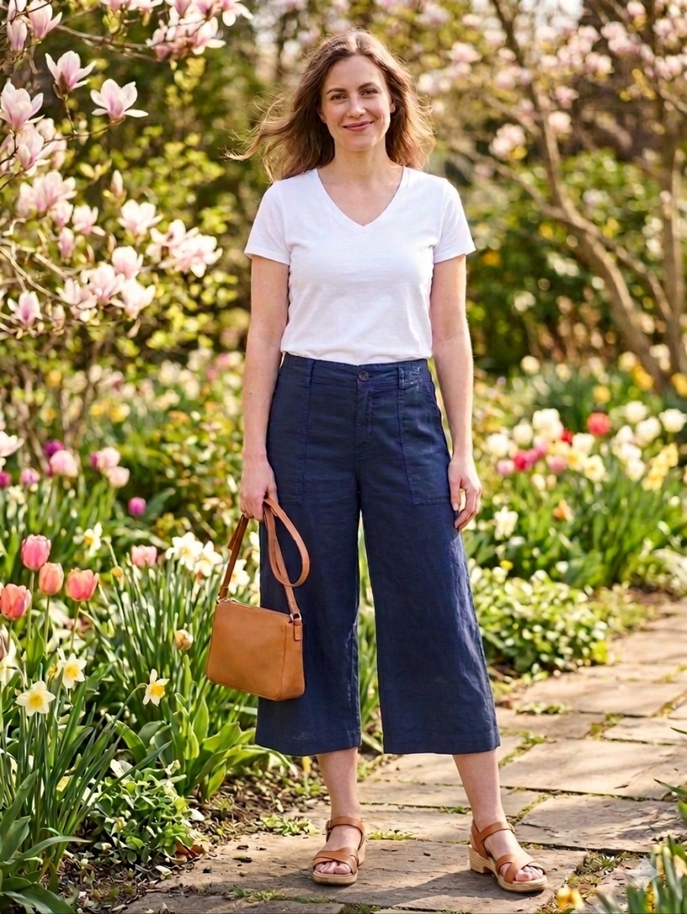 Level 99 Anthropology Navy Linen High Waist Wide-Leg Capris Size 30 Petite